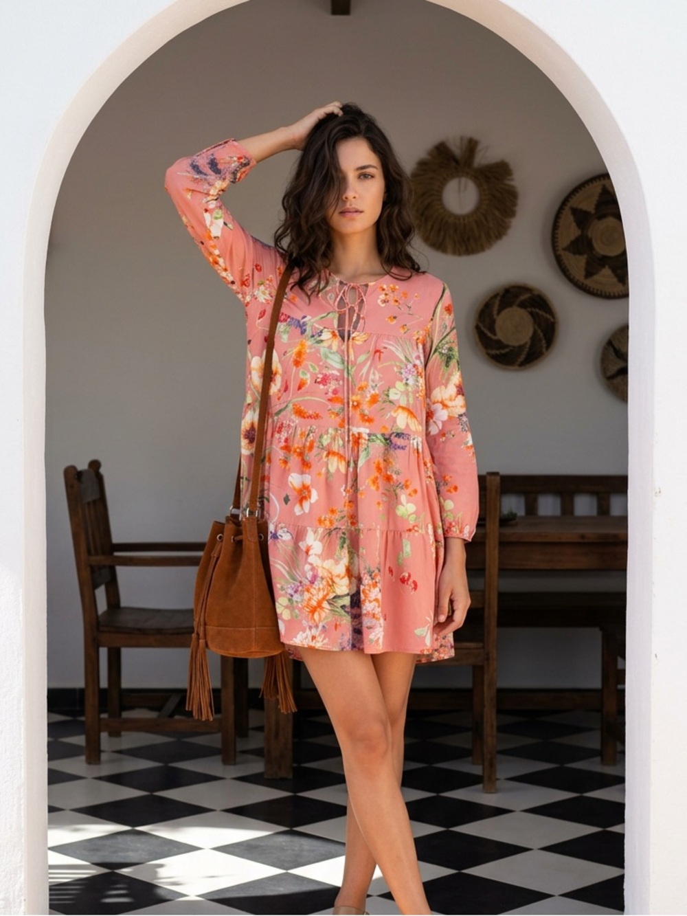 Zara oversized babydoll tropical Floral Print Poplin bohochic Dress
